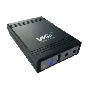 a black rectangular device with blue lights